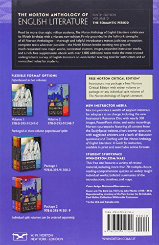 The Norton Anthology of English Literature Greenblatt, Stephen; Christ, Carol T.; David Ph.D., Alfred; Lewalski Ph.D., Barbara K.; Lipking Ph.D., Lawrence; Logan Ph.D., George M.; Lynch, Deidre Shauna; Maus, Katharine Eisaman; Noggle Ph.D., James; Rama...