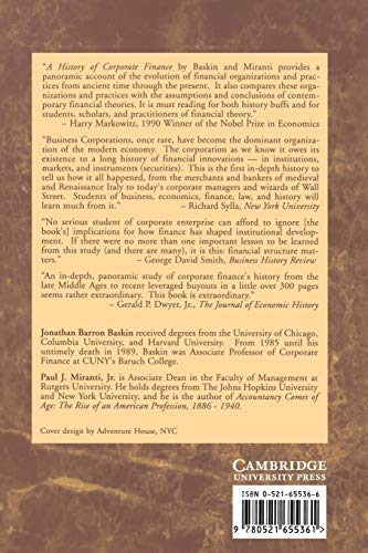 A History of Corporate Finance [Paperback] Baskin, Jonathan Barron and Miranti  Jr, Paul J.