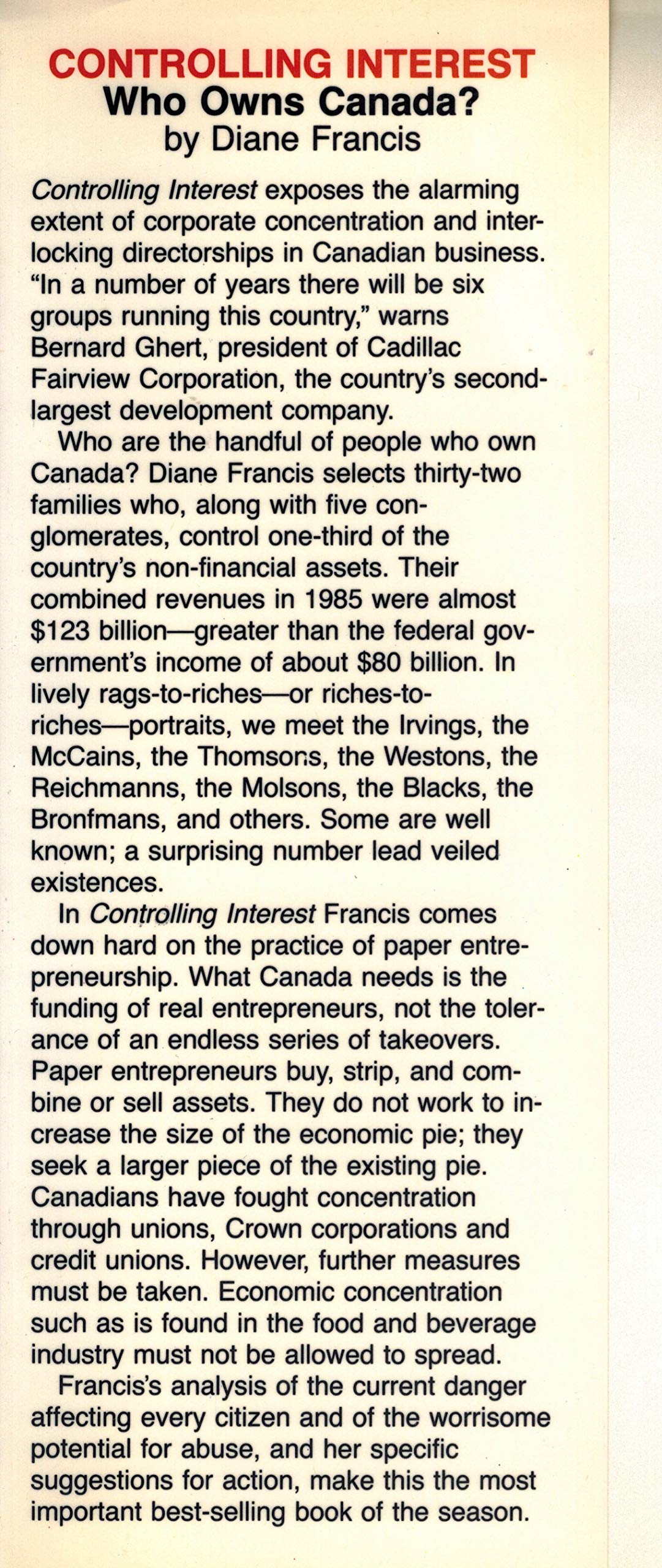 Controlling interest: Who owns Canada? [Hardcover] Francis, Diane